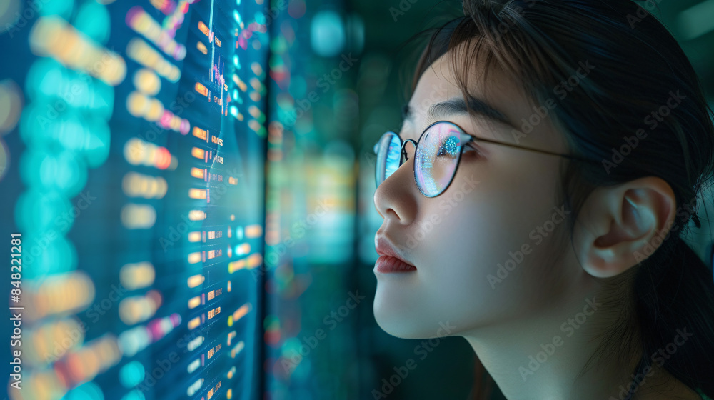 A thoughtful young woman looking at a computer screen displaying AI-generated data. A thoughtful young woman looking at a computer screen displaying AI-generated data.