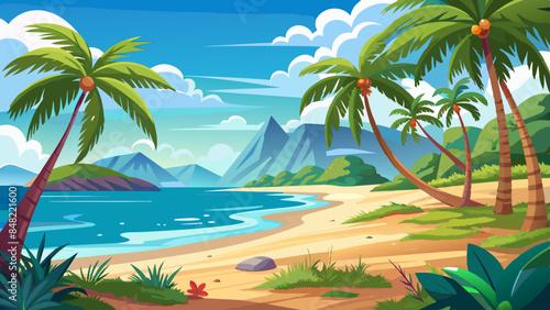 Tropical beach with palm trees and clear blue ocean. Peaceful beach landscape with sandy shore and lush palms. Idyllic tropical paradise with ocean view and sandy beach