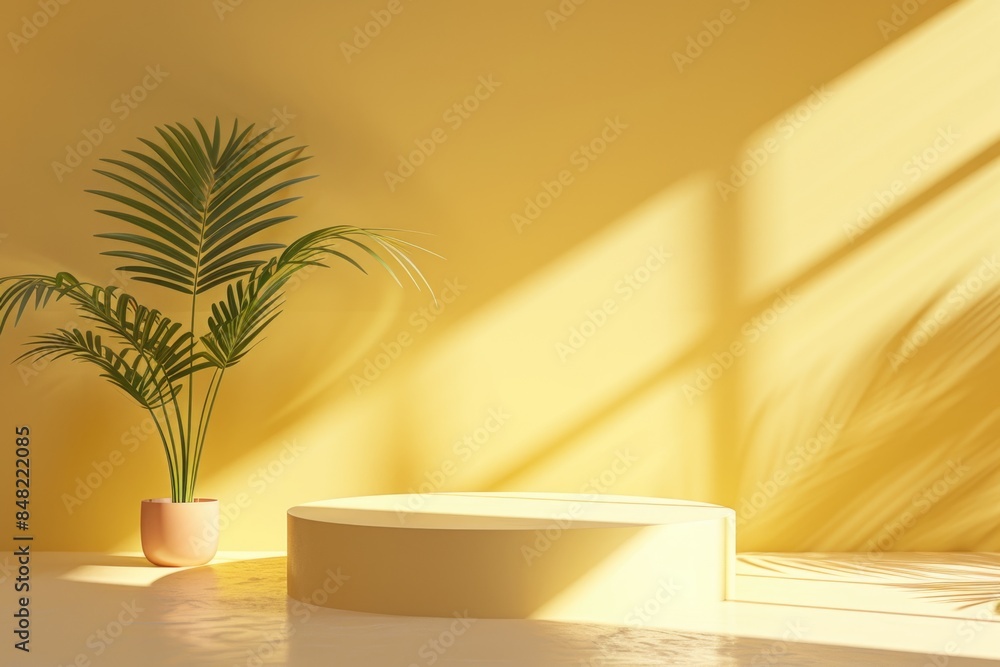 Yellow pastel podium background with abstract leaf shadow gradient. Yellow pastel podium background with abstract leaf shadow gradient.