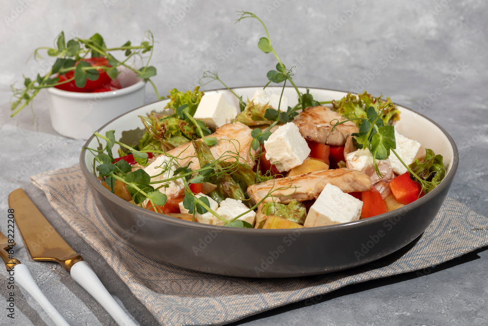Salad bowl with chicken breast, rice, tomatoes, cucumbers and avocado Boiled egg Copy space Salad bowl with chicken breast, rice, tomatoes, cucumbers and avocado Boiled egg Copy space
