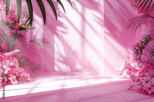 Pink gradient studio background with window shadows and floral elements. © Anjali