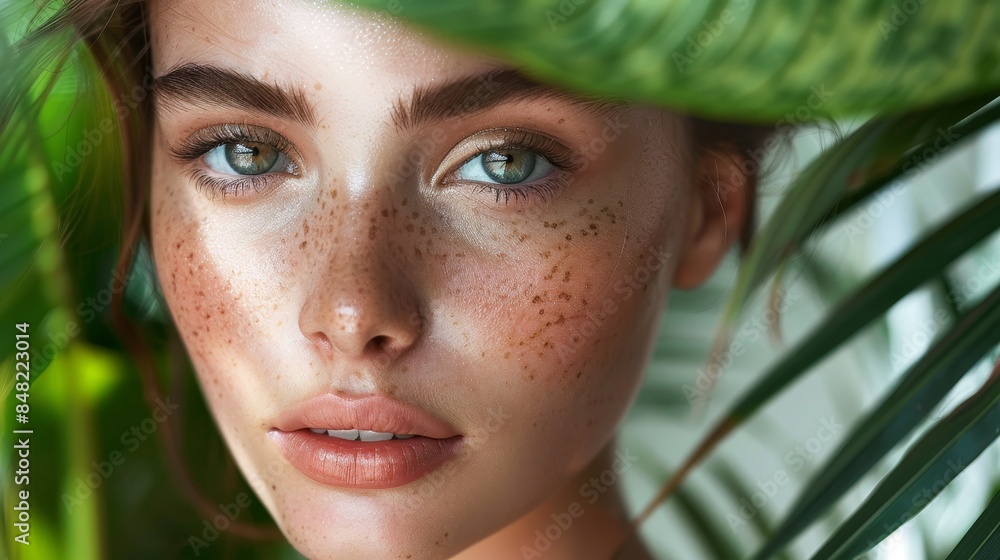 Studio portrait of a woman showcasing cosmetics, green plants, and glowing healthy skin for sustainable skincare and beauty. Studio portrait of a woman showcasing cosmetics, green plants, and glowing healthy skin for sustainable skincare and beauty.