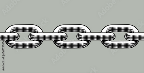 Seamless pattern of iron chain part in black and white vintage engraving style. Vector illustration