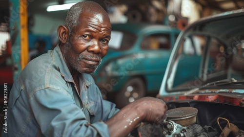 African man mechanic repairing and fine-tuning classic cars in their garage © Denisa