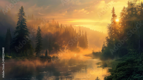 Mist rising from a forest river as the sun begins to set