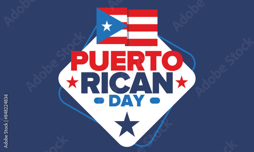Puerto Rican Day. National happy holiday. Festival and parade in honor of independence and freedom. Puerto Rico flag. Latin american country. Patriotic elements. Vector poster illustration