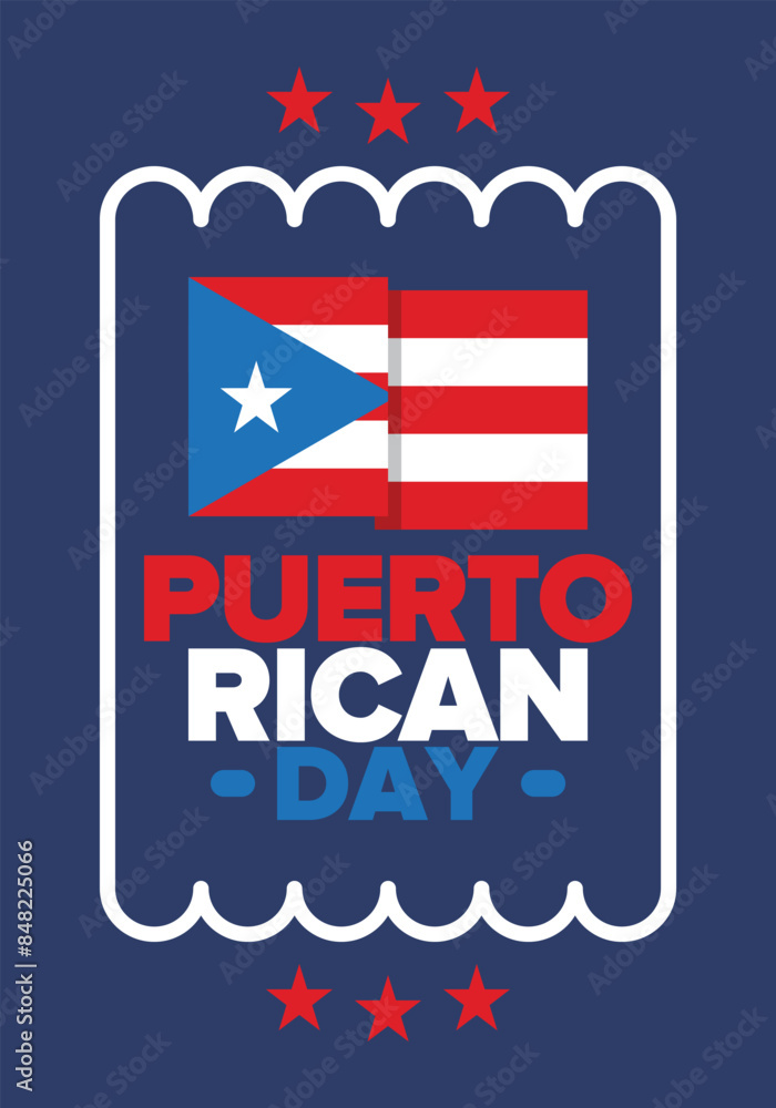 Naklejka premium Puerto Rican Day. National happy holiday. Festival and parade in honor of independence and freedom. Puerto Rico flag. Latin american country. Patriotic elements. Vector poster illustration