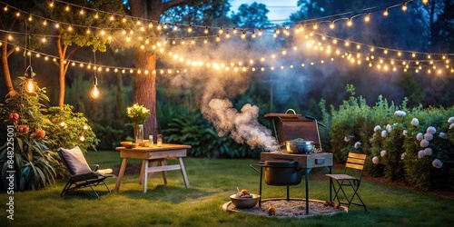Atmospheric backyard barbecue setup with smoke, grill, and string lights at twilight, backyard, barbecue, setup, smoke