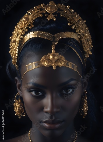 A close-up portrait of a young Black woman with dark skin, wearing elaborate golden jewelry and makeup 