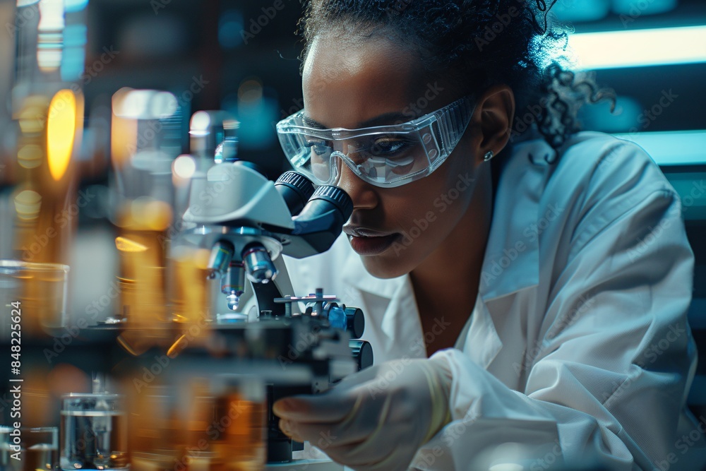 Scientist examining samples under a microscope, wearing safety goggles, laboratory setting
Scientist examining samples under a microscope, wearing safety goggles, laboratory setting