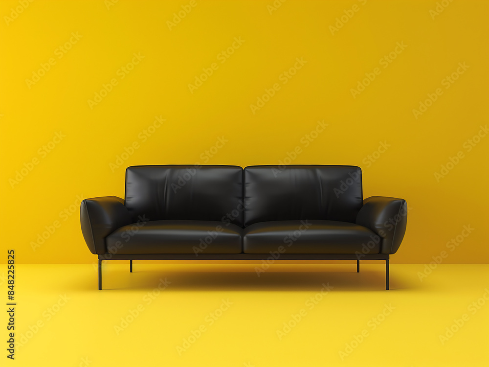 Fototapeta premium Room interior black sofa against vibrant yellow backdrop