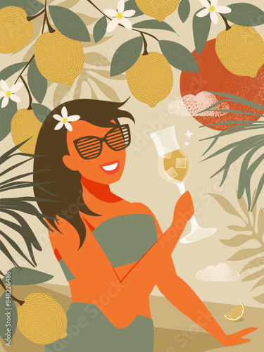 Beautiful woman drinks lemon liqueur against the backdrop of fruits and the setting sun on vacation and enjoys life. Summer vibe. Vector.