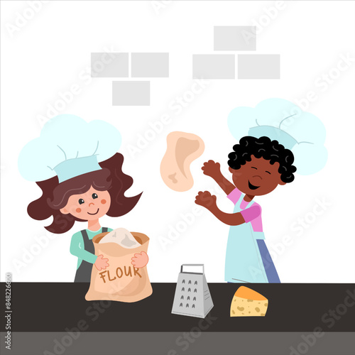 Little boy and girl in a chef's hats knead the dough in the kitchen. Children's cooking concept. Funny cartoon characters for posters, cooking class banners, children's menu. Vector 