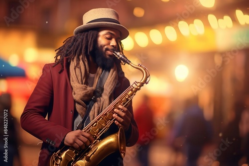 Street musician with a saxophone, focus on, soulful serenade, realistic, blend mode, urban street backdrop