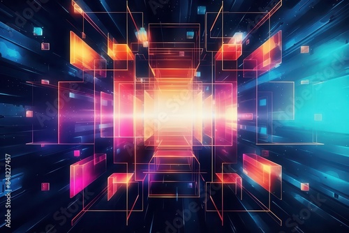 Digital artwork with neon colors and geometric shapes, selective focus, modern creativity, dynamic, double exposure, digital canvas backdrop