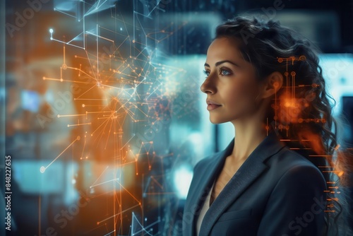Businesswoman using a futuristic holographic interface, close up, tech-savvy executive, vibrant, multilayer, high-tech office backdrop