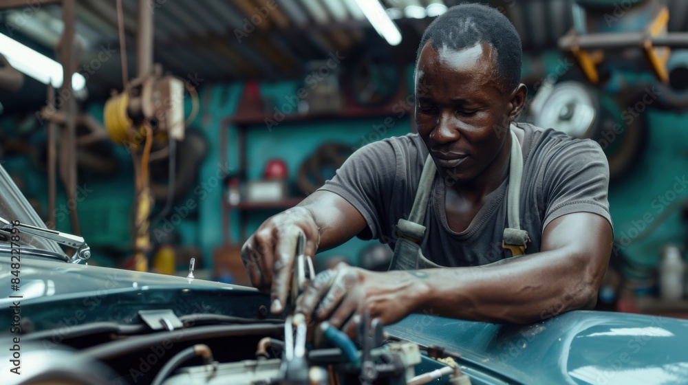African man mechanic repairing and fine-tuning classic cars in their garage African man mechanic repairing and fine-tuning classic cars in their garage