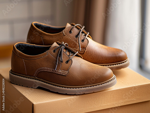 Male brown leather shoes are casually placed on a cardboard box