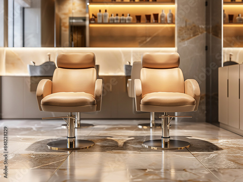 Empty modern nail salon features chairs for manicure and pedicure masters