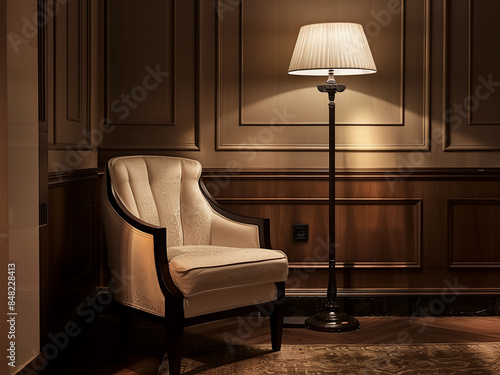 A classic living room features a chair and lamp in the corner