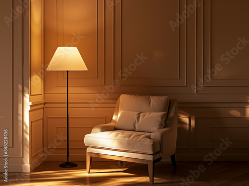 A classic chair and lamp complete the ambiance of a traditional living room