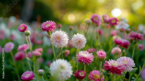 Daisy (Bellis perennis) bloom in the park, featuring a white center with pink petals.