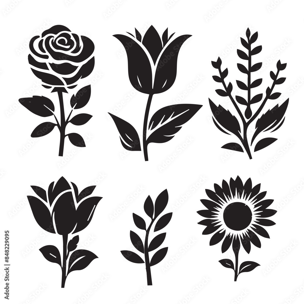 Set of decorative flowers icon. Flower silhouette.black and white Vector illustration. Set of decorative flowers icon. Flower silhouette.black and white Vector illustration.