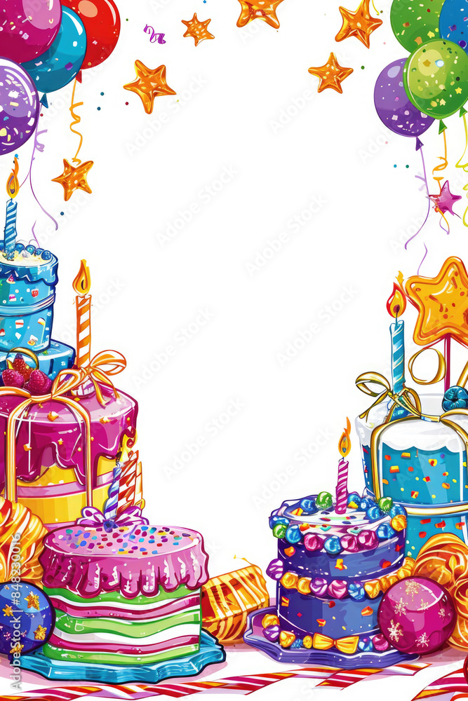 Naklejka premium Colorful Birthday Celebration Background with Balloons, Cakes, and Candles - Festive Party Design for Invitations, Greeting Cards, and Event Decorations