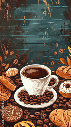 Artistic Coffee Cup with Assorted Pastries on Rustic Background - Perfect for Cafes, Bakeries, and Coffee Enthusiasts - High-Quality Stock Image for Food and Beverage Industry Marketing and Promotions