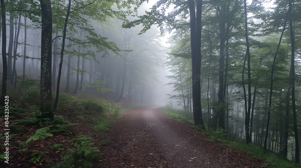 Naklejka premium The foggy interior of a forest creates an enchanting and mysterious atmosphere.