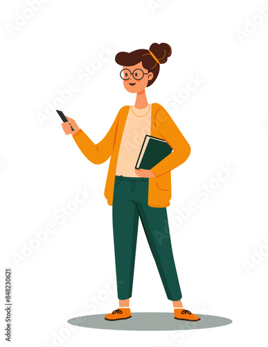 Teacher holding a book and cell phone