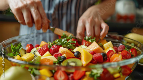 Person making a fruit salad with a variety of fresh fruits