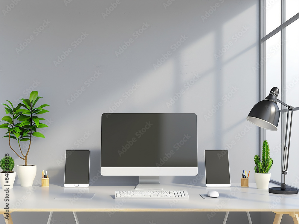 Fototapeta premium Create in comfort with a contemporary computer setup by a bedroom window