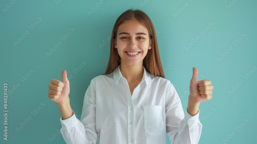 The woman with thumbs up. The woman with thumbs up.