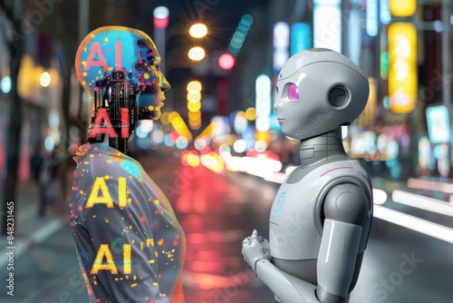 Futuristic AI Robot with Holographic Interface, Modern Technology, Digital Innovation, Advanced Computing, High Tech Design © Leo