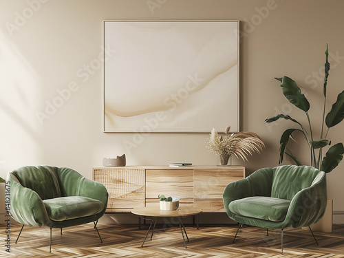 Living room corner presents modern design with green armchairs and a coffee table