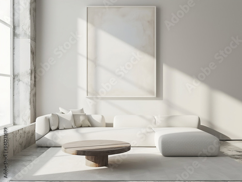 Bright living room corner features minimalist design with a white poster