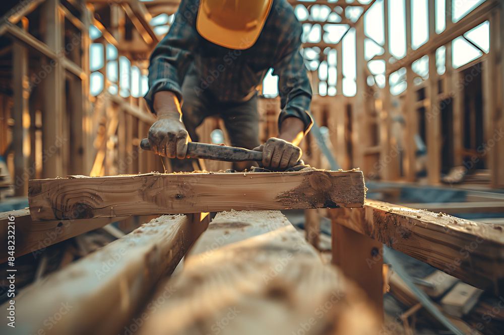 A skilled carpenter works diligently on framing a wooden house A skilled carpenter works diligently on framing a wooden house