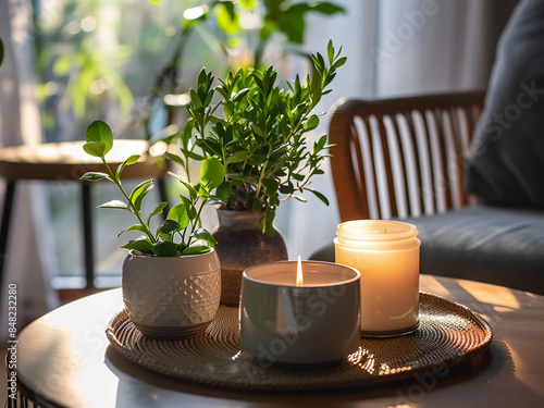 Welcoming spring ambiance with decorative elements on a coffee table and a chair in the background photo