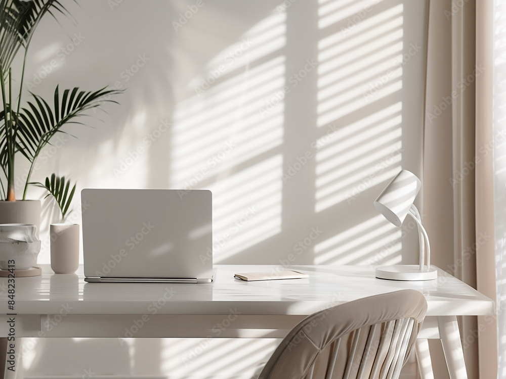 Fototapeta premium Comfortable workspace featuring a sleek laptop on a white wooden desk