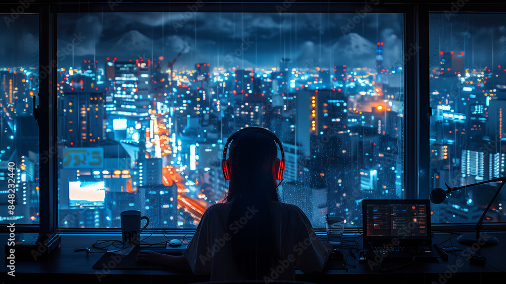 A lofi girl sitting at her desk working with a beautiful view out of the window, headphones, coding, manga style, comic style, anime style, 4K, 16:9 A lofi girl sitting at her desk working with a beautiful view out of the window, headphones, coding, manga style, comic style, anime style, 4K, 16:9