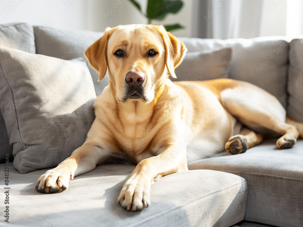 Labrador pup sprawled out contentedly on a sofa in a luminous living area Labrador pup sprawled out contentedly on a sofa in a luminous living area