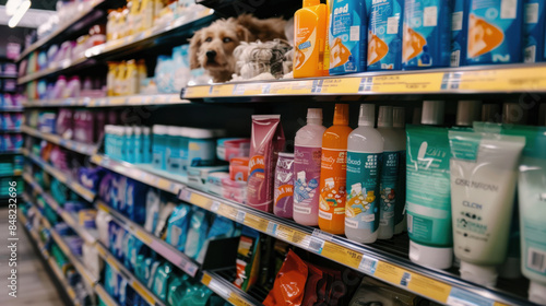 Pet care products displayed on a store shelf