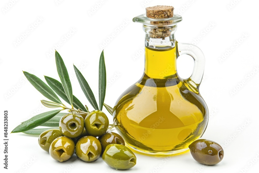 Delicious olive oil in a glass bottle and green olives with leaves isolated on white background Delicious olive oil in a glass bottle and green olives with leaves isolated on white background
