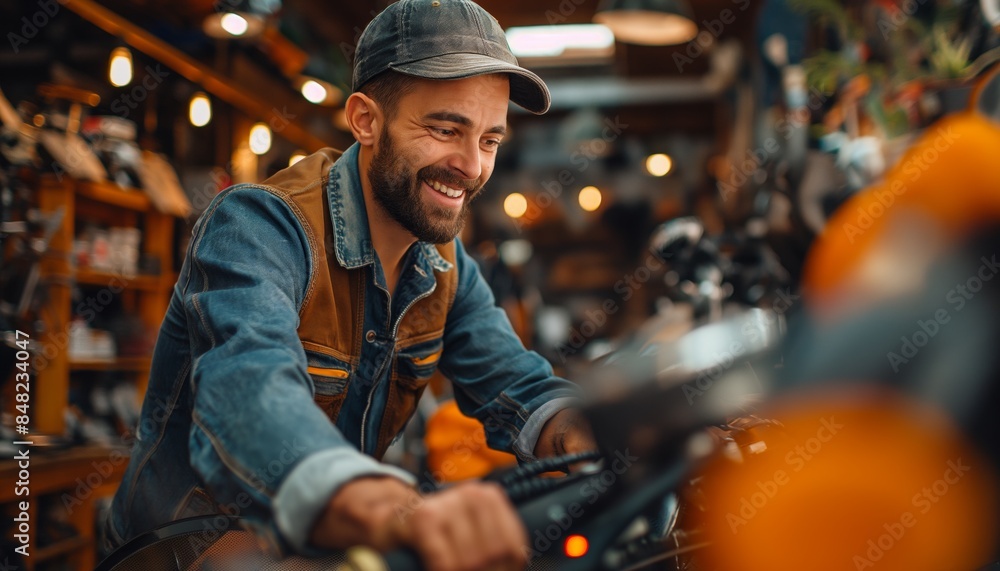 Man laughing and working on a motorcycle Man laughing and working on a motorcycle