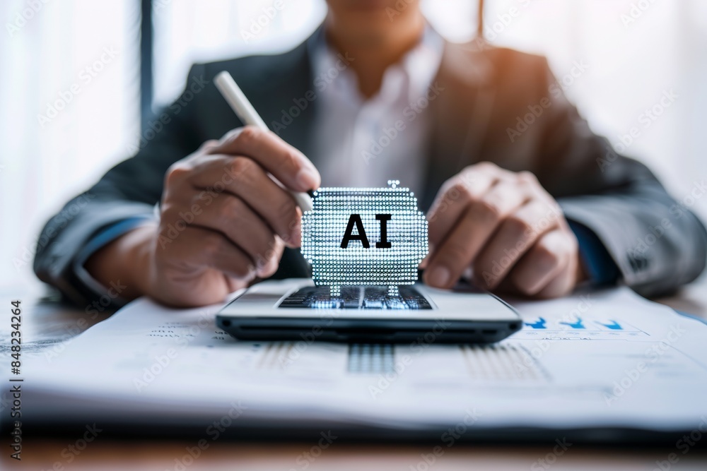 Businessperson with AI Concept on Laptop, Modern Technology, Digital Innovation, Professional Workspace, High Tech Computing Businessperson with AI Concept on Laptop, Modern Technology, Digital Innovation, Professional Workspace, High Tech Computing