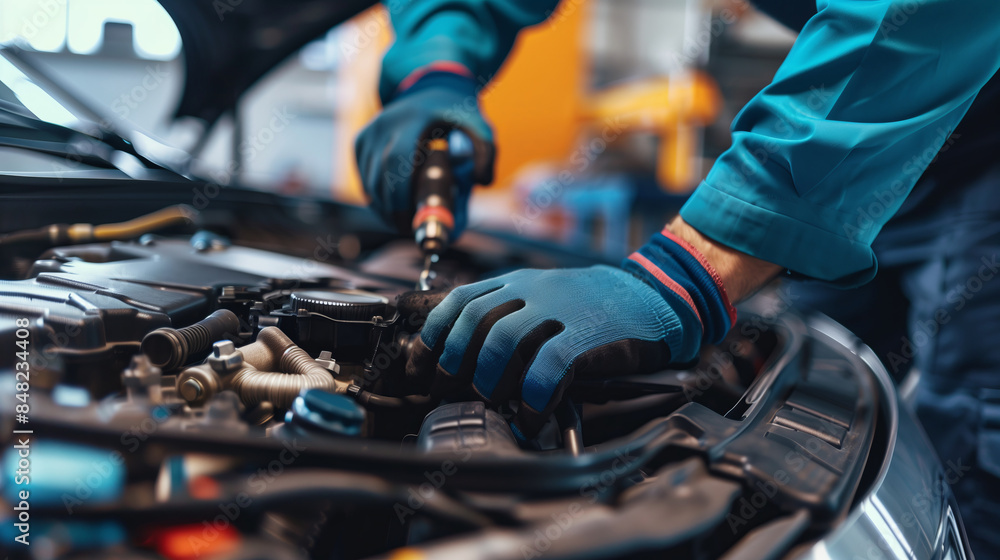 A mechanic is working on a car engine, wearing blue gloves. Concept of precision and expertise, as the mechanic carefully handles the tools and parts. The blue gloves add a touch of professionalism A mechanic is working on a car engine, wearing blue gloves. Concept of precision and expertise, as the mechanic carefully handles the tools and parts. The blue gloves add a touch of professionalism