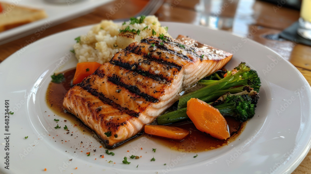 Plate of grilled salmon with a side of steamed vegetables Plate of grilled salmon with a side of steamed vegetables