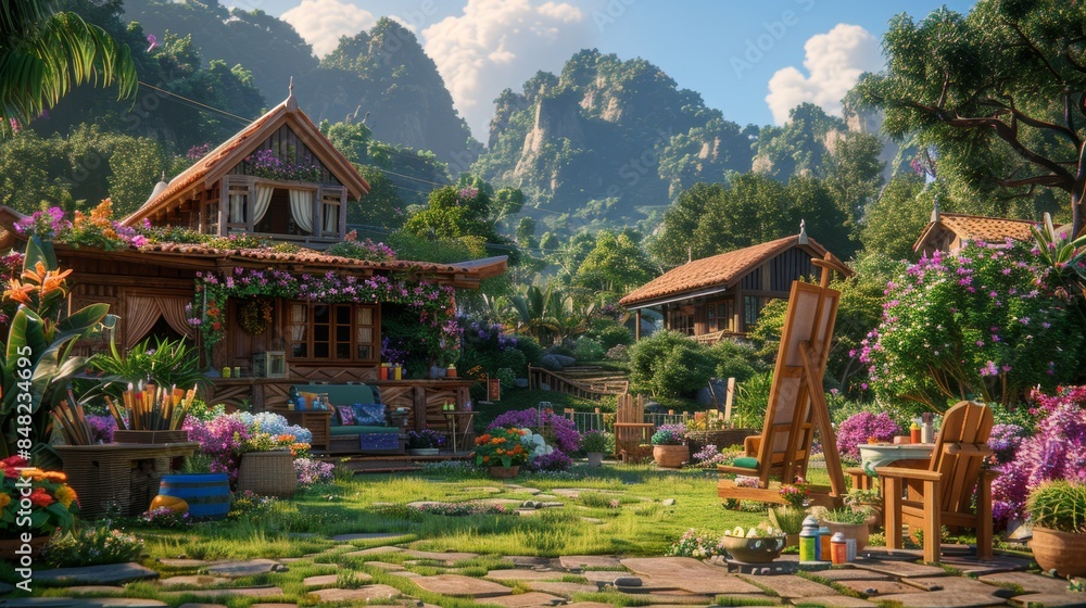Obraz premium Tranquil mountain cabin with artist s easel set in a serene courtyard, picturesque illustration