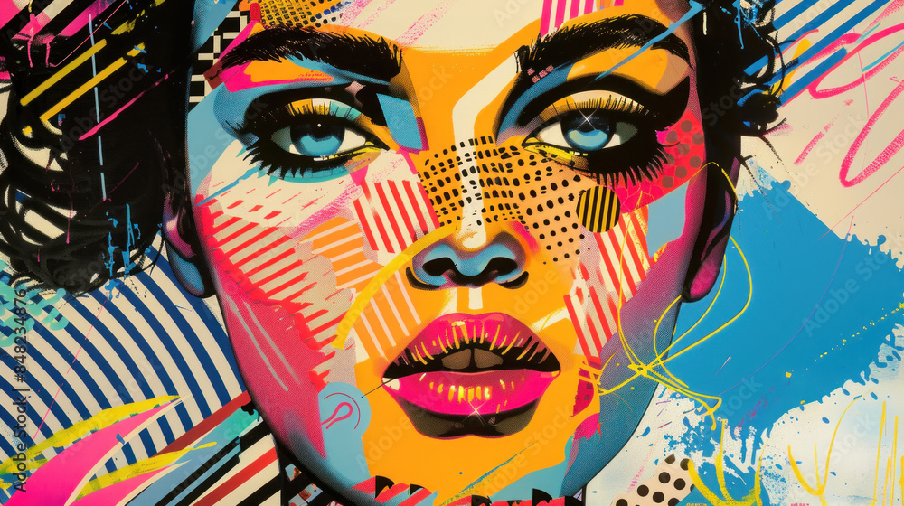 Pop art piece with bold colors, patterns, and iconic imagery Pop art piece with bold colors, patterns, and iconic imagery